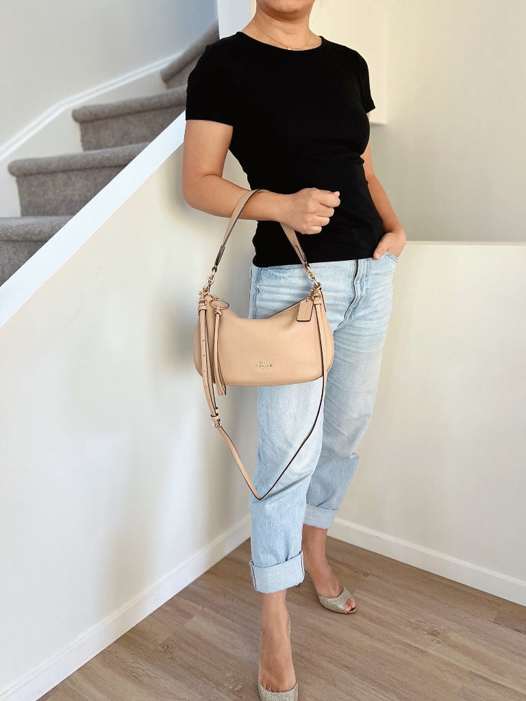 Coach Beige Leather Tassel Charm Slouchy 2 Way Shoulder Bag New with Box
