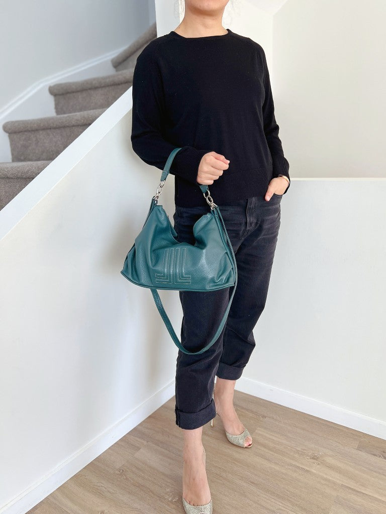 Lanvin Green Leather Embossed Front Detail Slouchy 2 Way Shoulder Bag Excellent