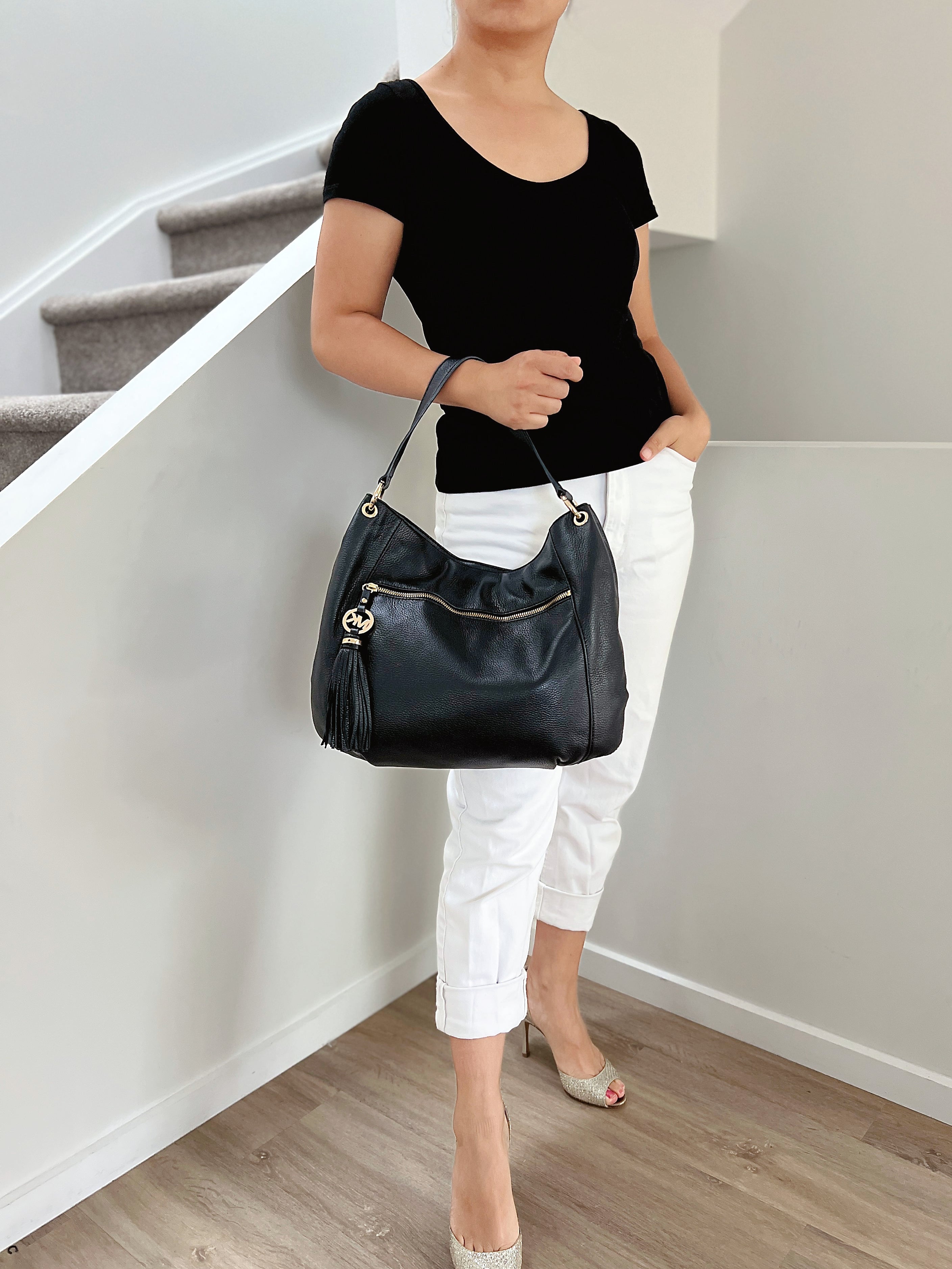 Michael Kors Black Leather MK Tassel Charm Slouchy Shoulder Bag Excellent