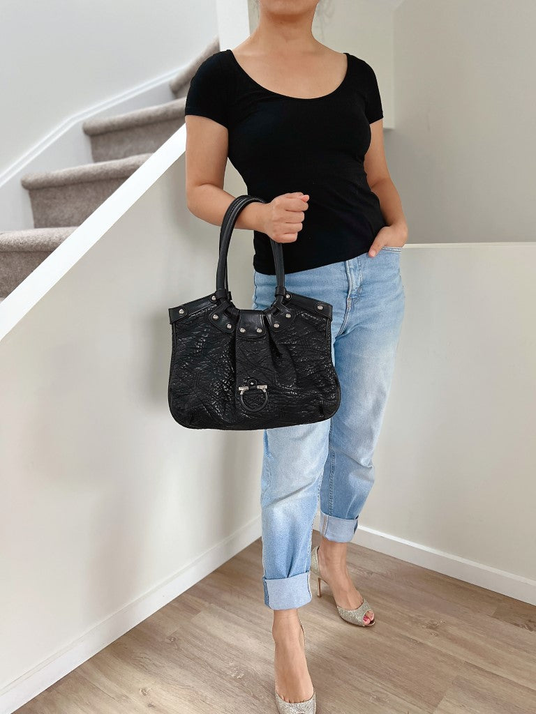 Salvatore Ferragamo Black Leather Studded Detail Shoulder Bag Excellent