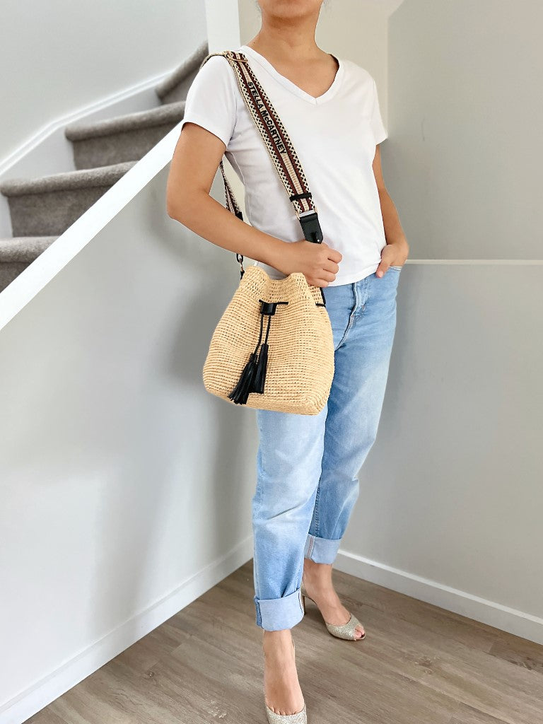 Stella Mccartney Holiday Straw Tassel Drawstring Crossbody Shoulder Bag Excellent