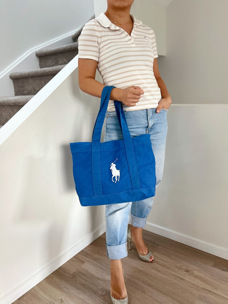 Ralph Lauren Blue Canvas Signature Logo Shoulder Bag