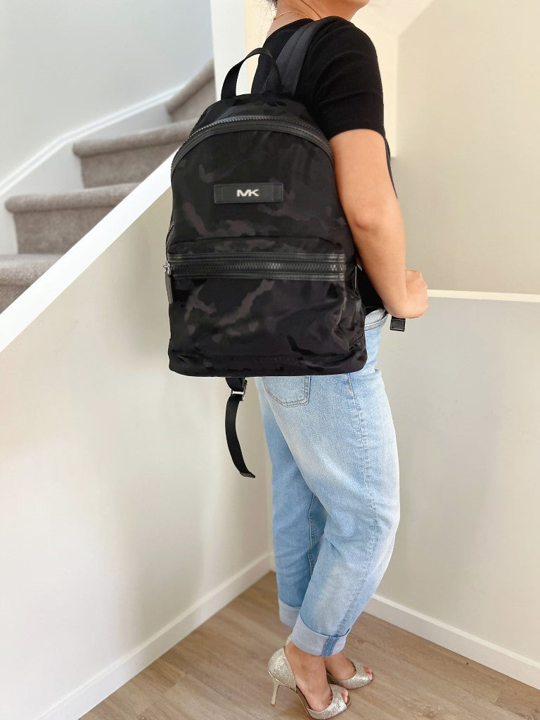 Michael Kors Black Kamo Print Double Compartment Backpack Like New