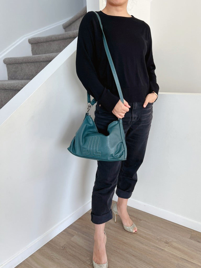 Lanvin Green Leather Embossed Front Detail Slouchy 2 Way Shoulder Bag Excellent