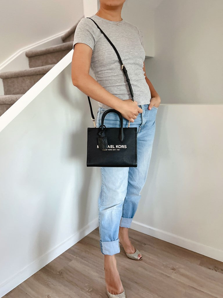 Michael Kors Black Leather Front Logo Book Tote 2 Way Shoulder Bag New with Tags