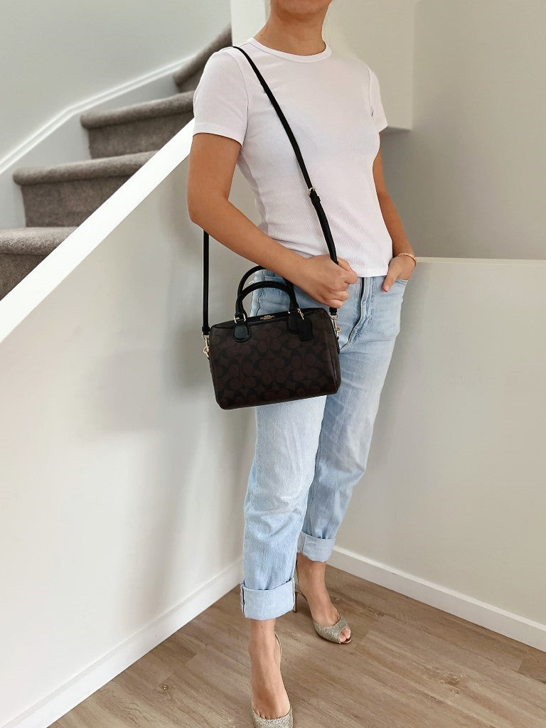 Coach Black Leather Monogram Boston 2 Way Shoulder Bag Like New