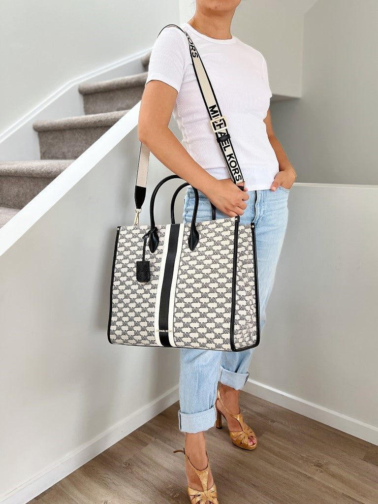Michael Kors Black Leather Monogram Large Book Tote 2 Way Shoulder Bag Like New