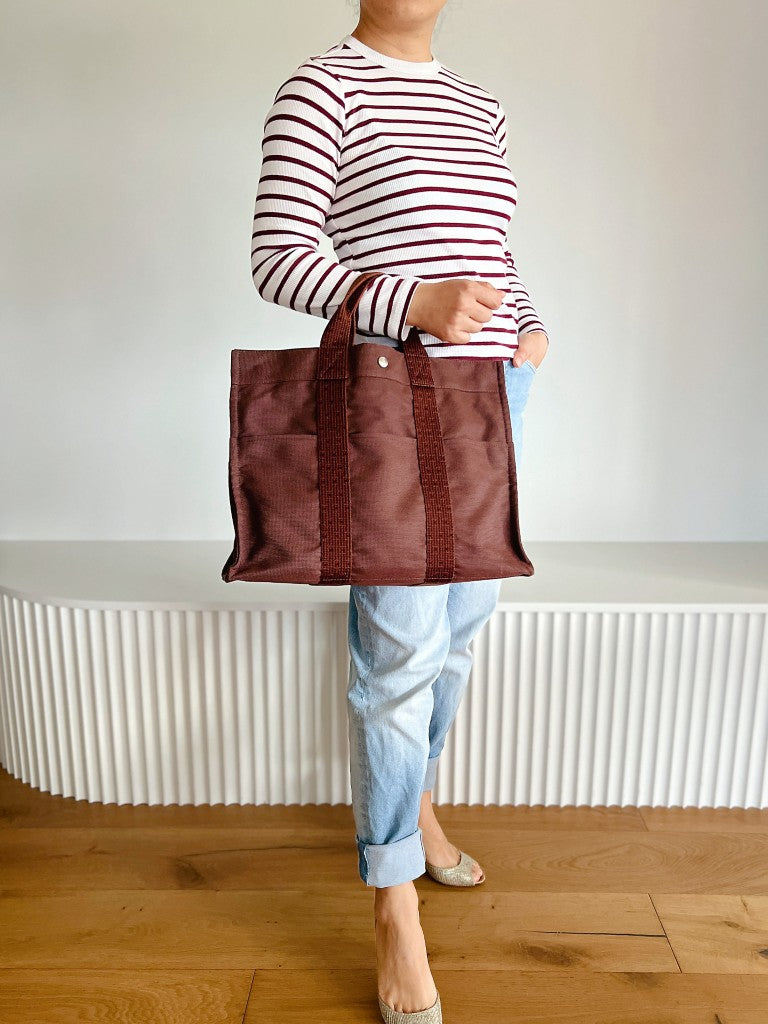 Hermes Brown Signature Stripe Detail Canvas Tote Bag Excellent