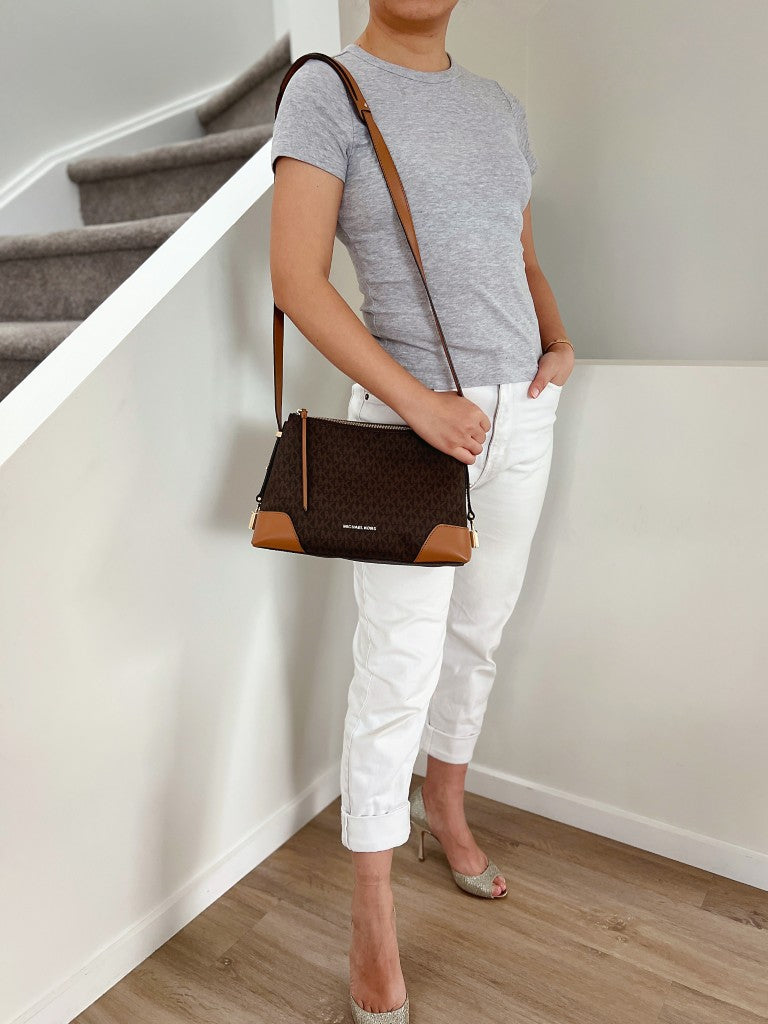 Michael Kors Caramel Leather Monogram Front Logo Crossbody Shoulder Bag Like New