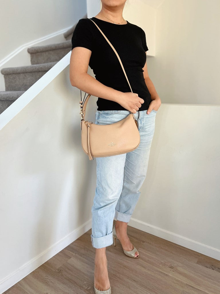 Coach Beige Leather Tassel Charm Slouchy 2 Way Shoulder Bag New with Box