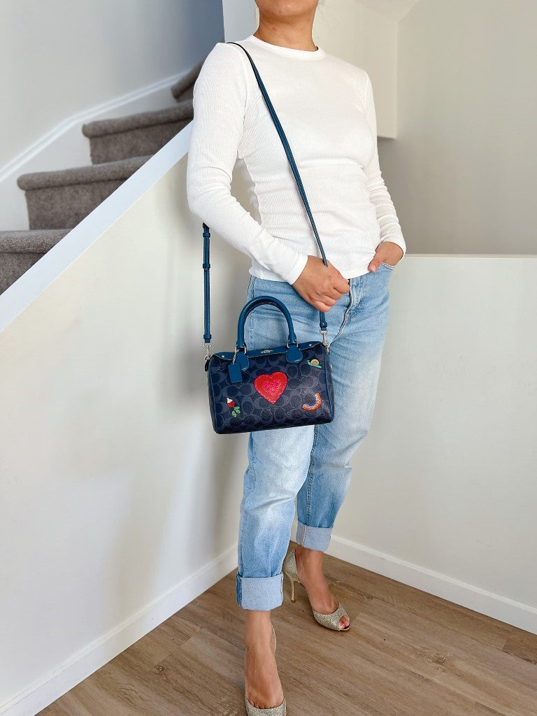 Coach Blue Leather Monogram Patchwork Boston 2 Way Shoulder Bag Like New