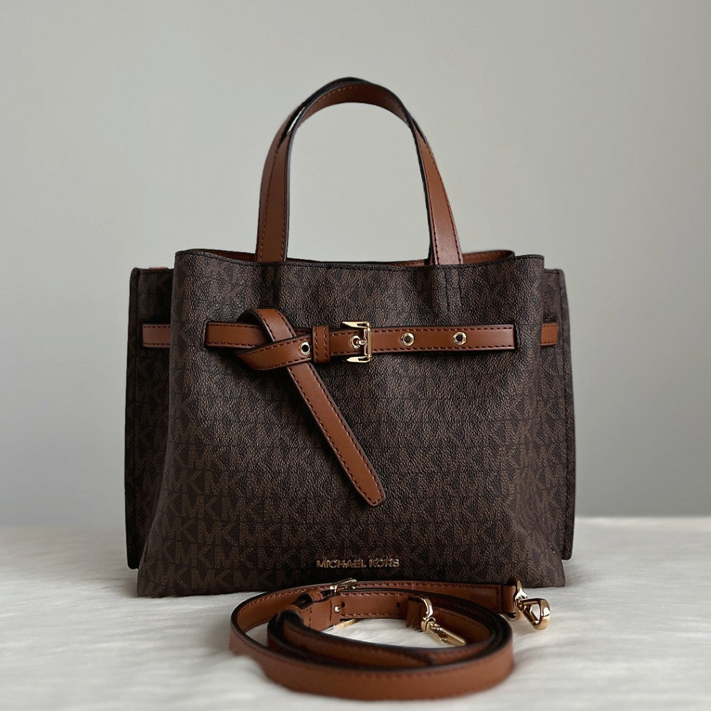 Michael Kors Caramel Leather Monogram Triple Compartment 2 Way Shoulder Bag Like New