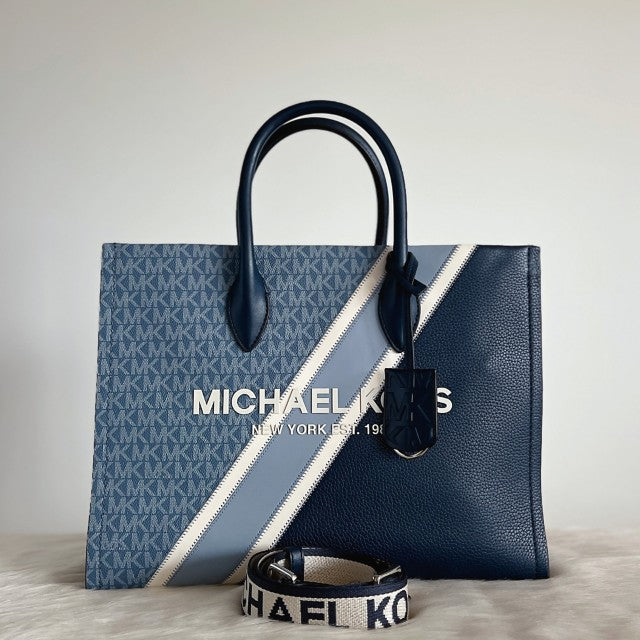 Michael Kors Navy Leather Monogram Patchwork Book Tote 2 Way Shoulder Bag Like New