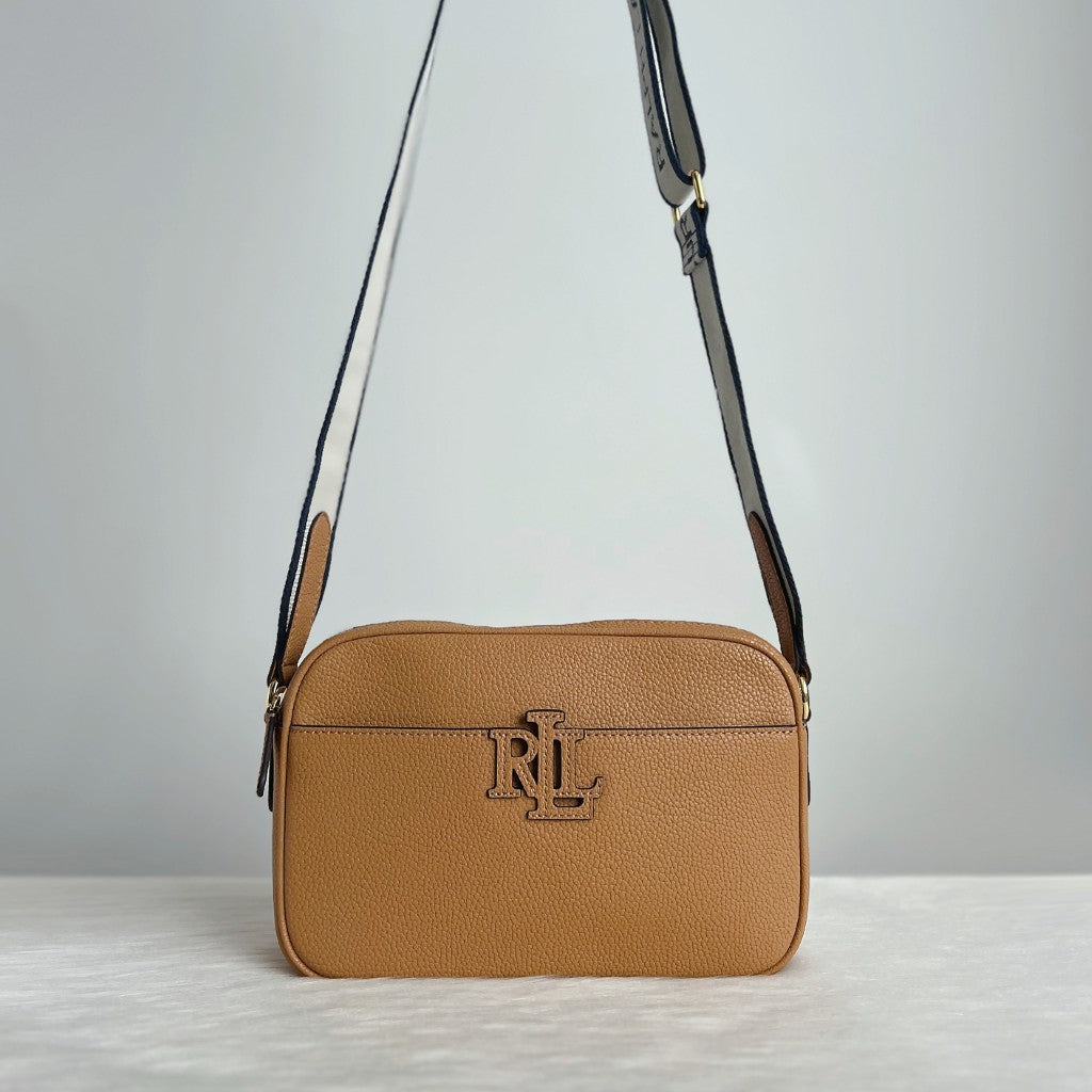 Ralph Lauren Caramel Leather Double Compartment Crossbody Shoulder Bag Like New