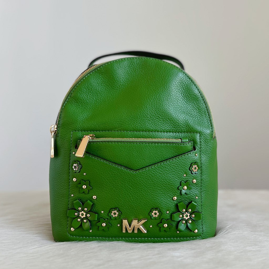Michael Kors Green Leather Floral Detail Backpack Like New