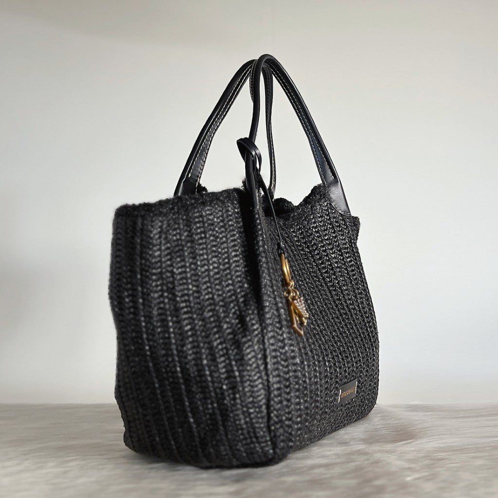 Emporio Armani Black Leather Charm Detail Straw Holiday Carryall Shoulder Bag Excellent