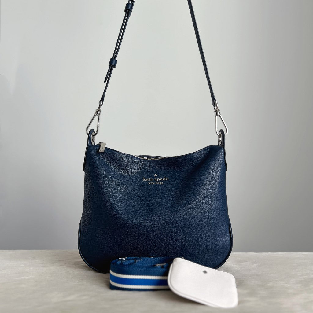 Kate Spade Navy Leather Double Strap Crossbody Shoulder Bag + Pouch Like New