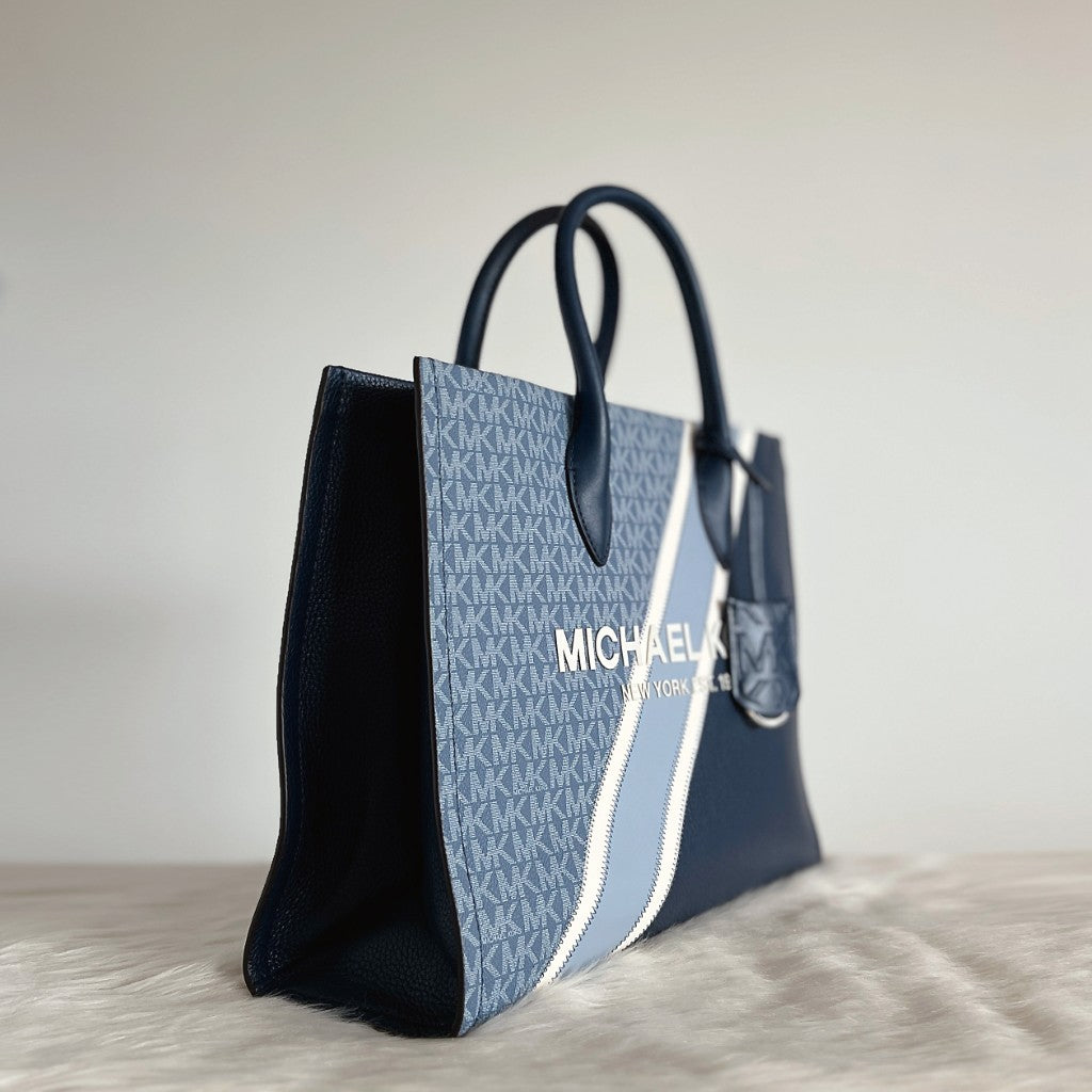 Michael Kors Navy Leather Monogram Patchwork Book Tote 2 Way Shoulder Bag Like New
