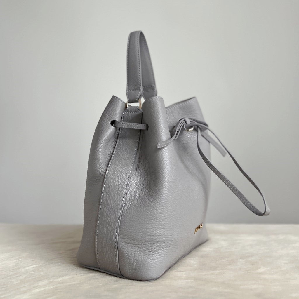 Furla Grey Leather Drawstring Bucket 2 Way Shoulder Bag Like New