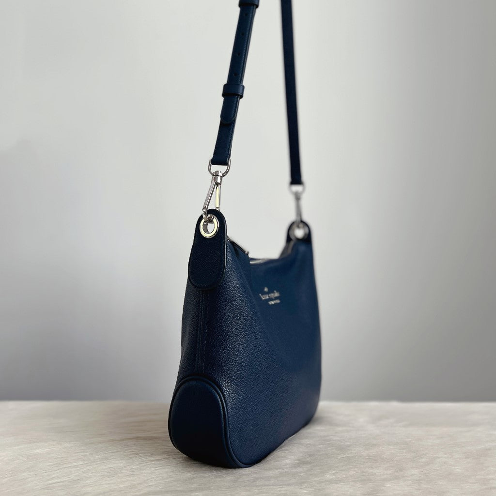 Kate Spade Navy Leather Double Strap Crossbody Shoulder Bag + Pouch Like New