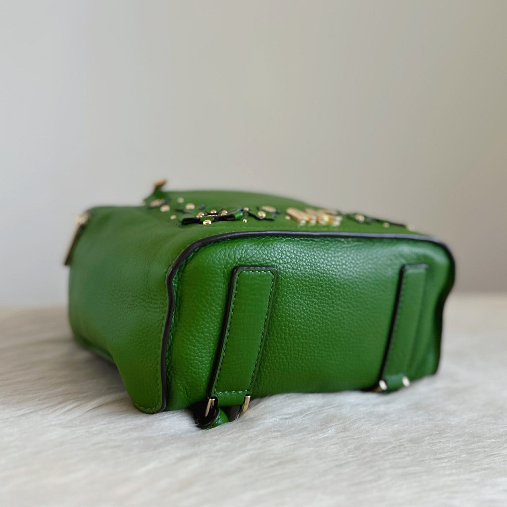 Michael Kors Green Leather Floral Detail Backpack Like New