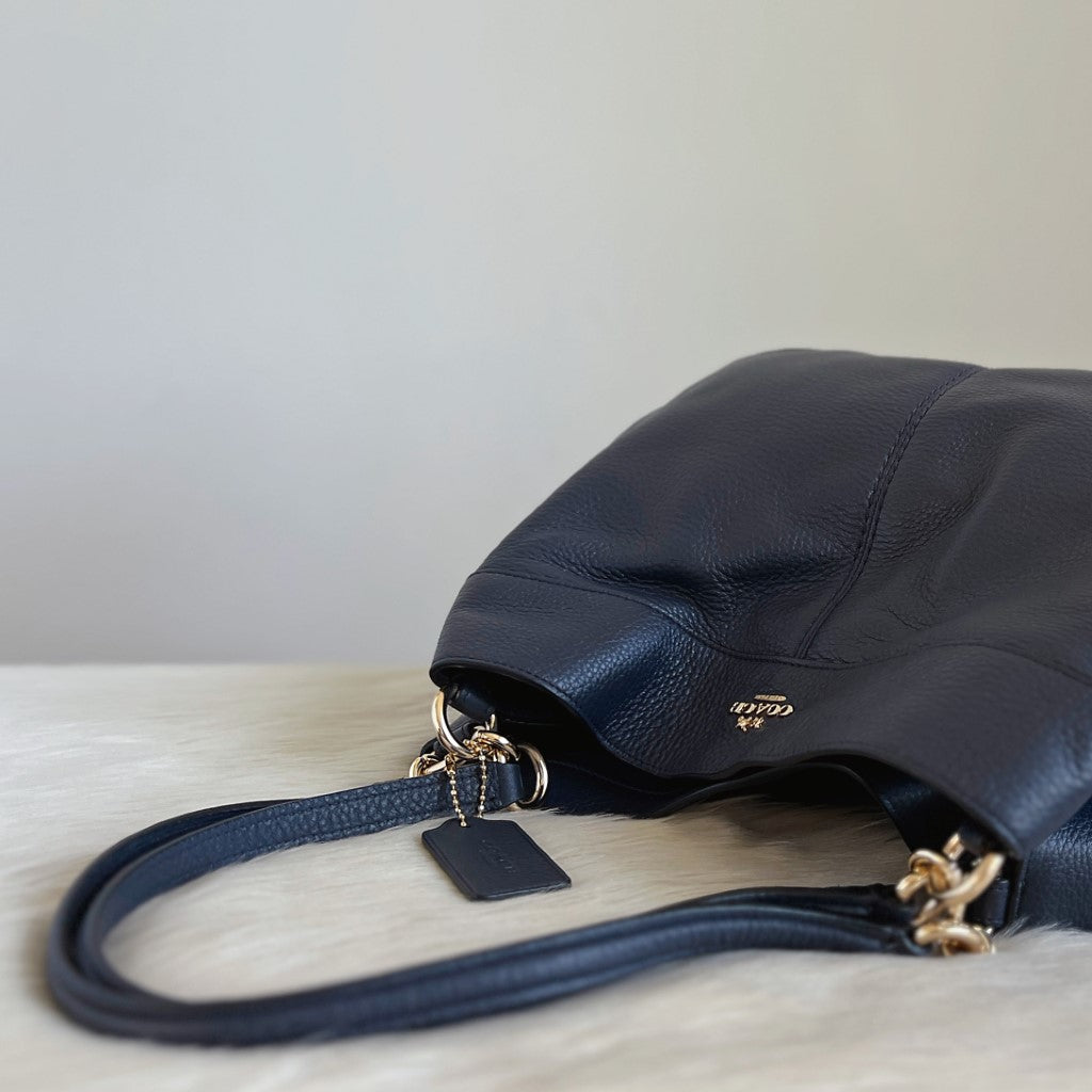 Coach Navy Leather Triple Compartment Chain Detail Shoulder Bag Like New
