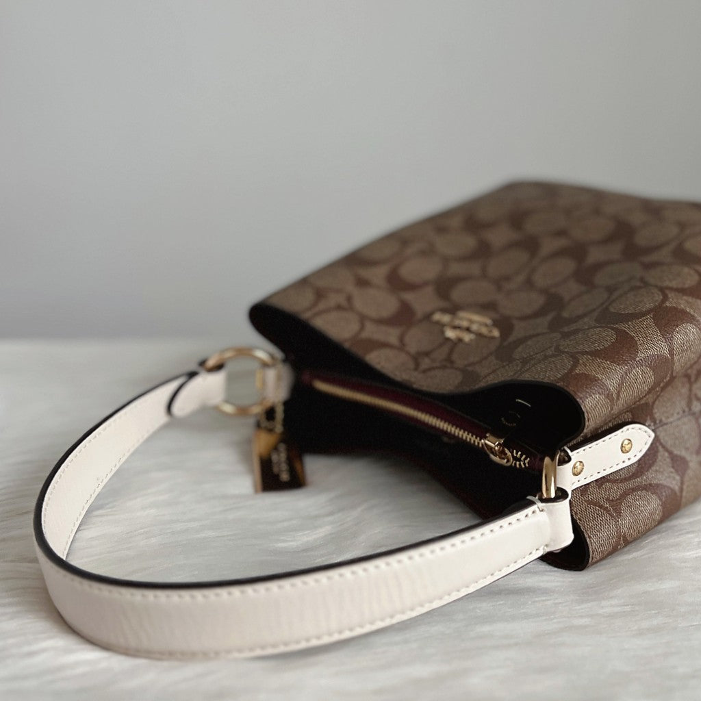 Coach White Leather Monogram Triple Compartment Bucket 2 Way Shoulder Bag Like New
