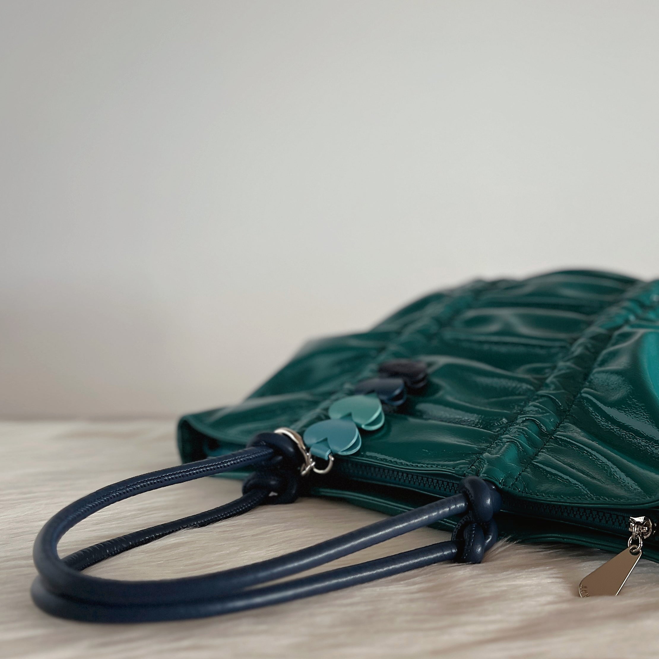 Anna Sui Patent Teal Leather Triple Compartment Shopper Shoulder Bag Like New