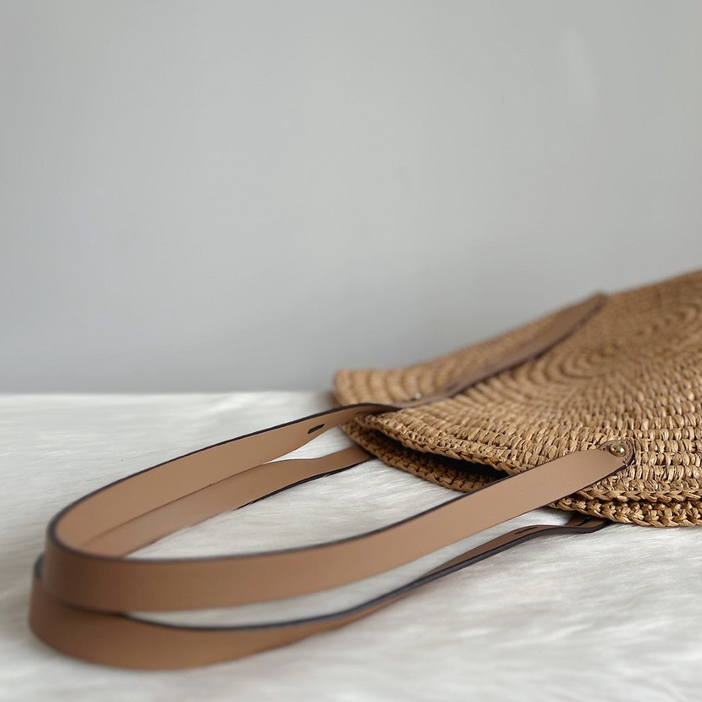 Rebecca Minkoff Mocha Leather Straw Holiday Oversized Shoulder Bag Like New