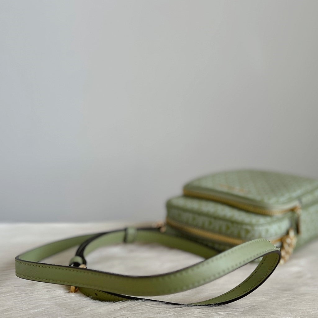 Michael Kors Green Leather Monogram Camera Crossbody Shoulder Bag Like New
