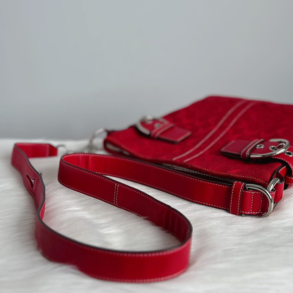 Coach Red Leather Monogram Double Buckle Crossbody Shoulder Bag Excellent