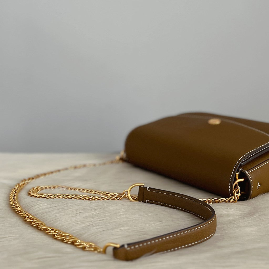Tory Burch Mocha Leather Front Logo Chain Detail Crossbody Shoulder Bag Like New