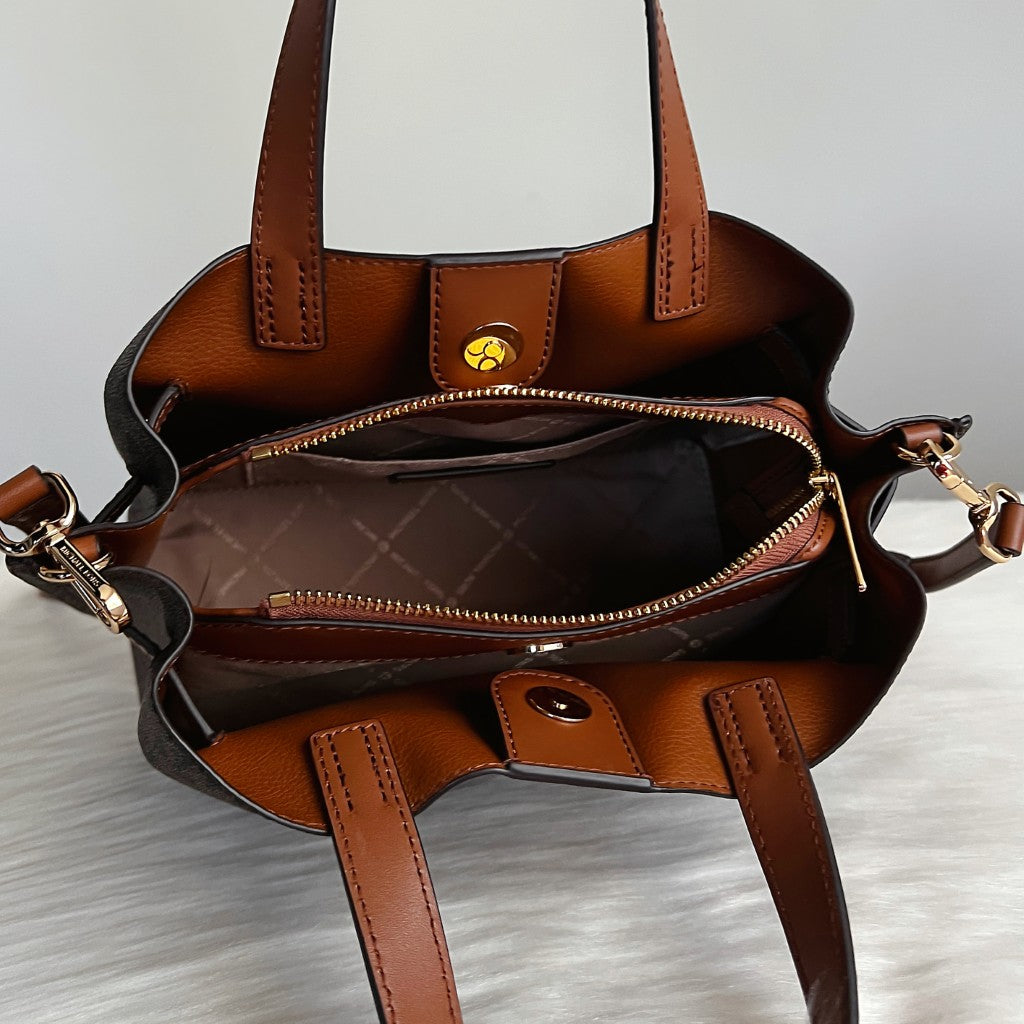 Michael Kors Caramel Leather Monogram Triple Compartment 2 Way Shoulder Bag Like New