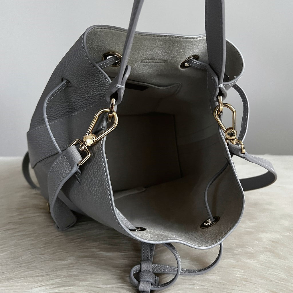 Furla Grey Leather Drawstring Bucket 2 Way Shoulder Bag Like New