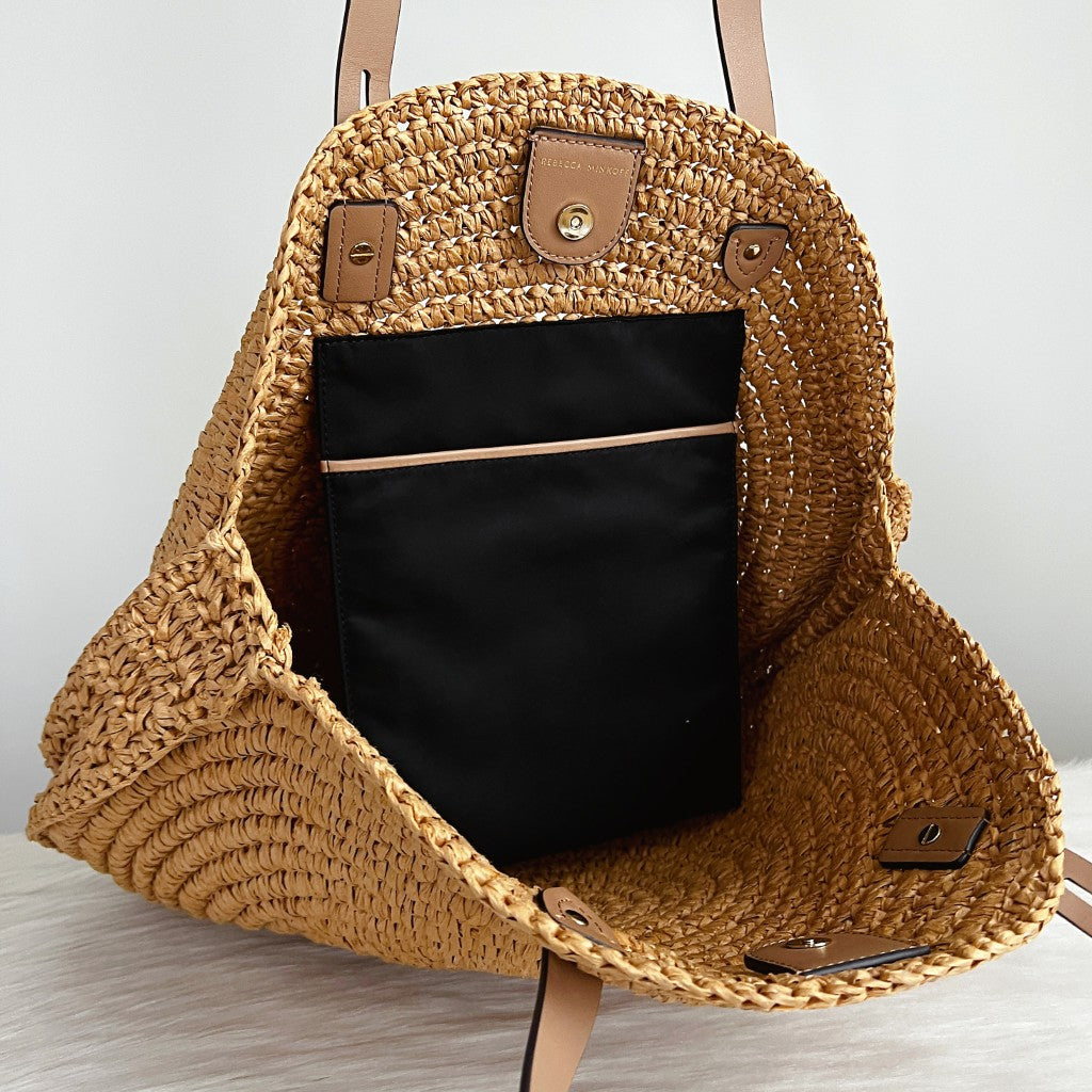 Rebecca Minkoff Mocha Leather Straw Holiday Oversized Shoulder Bag Like New