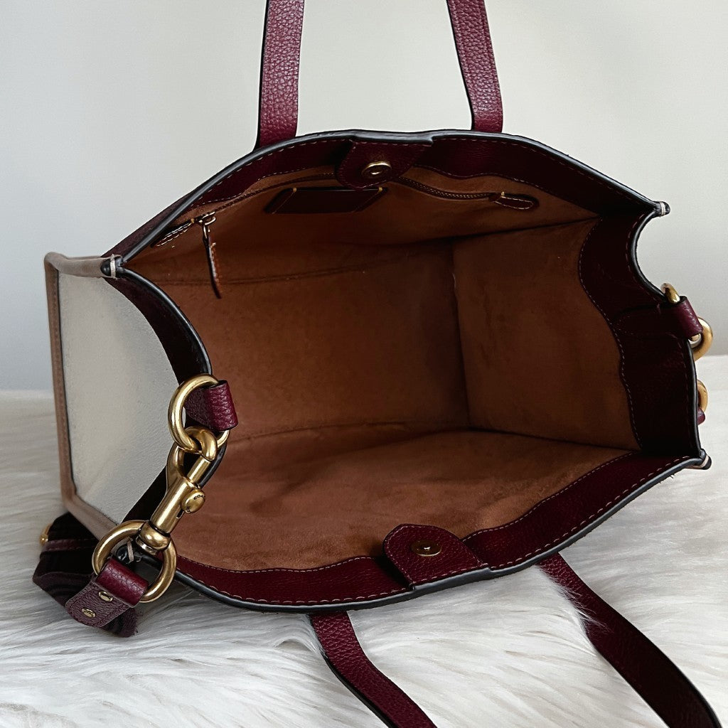 Coach Tri-Tone Leather Suede Patchwork Book Tote 2 Way Shoulder Bag Excellent
