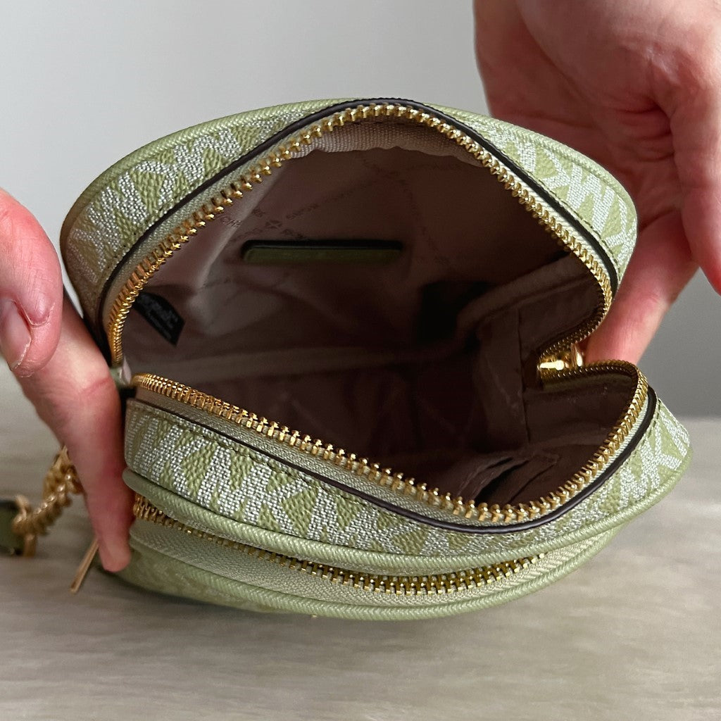 Michael Kors Green Leather Monogram Camera Crossbody Shoulder Bag Like New
