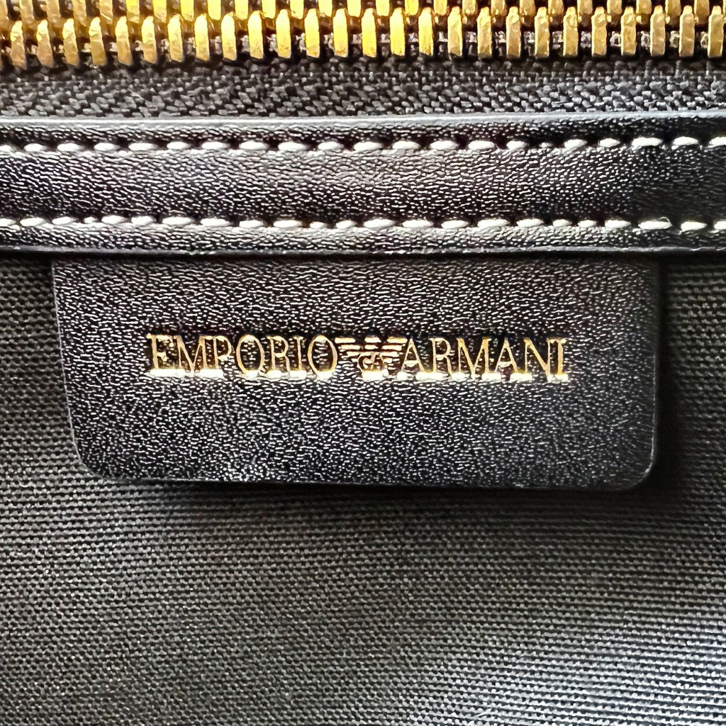Emporio Armani Black Leather Charm Detail Straw Holiday Carryall Shoulder Bag Excellent