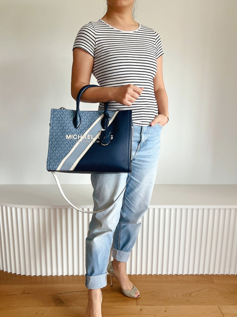 Michael Kors Navy Leather Monogram Patchwork Book Tote 2 Way Shoulder Bag Like New