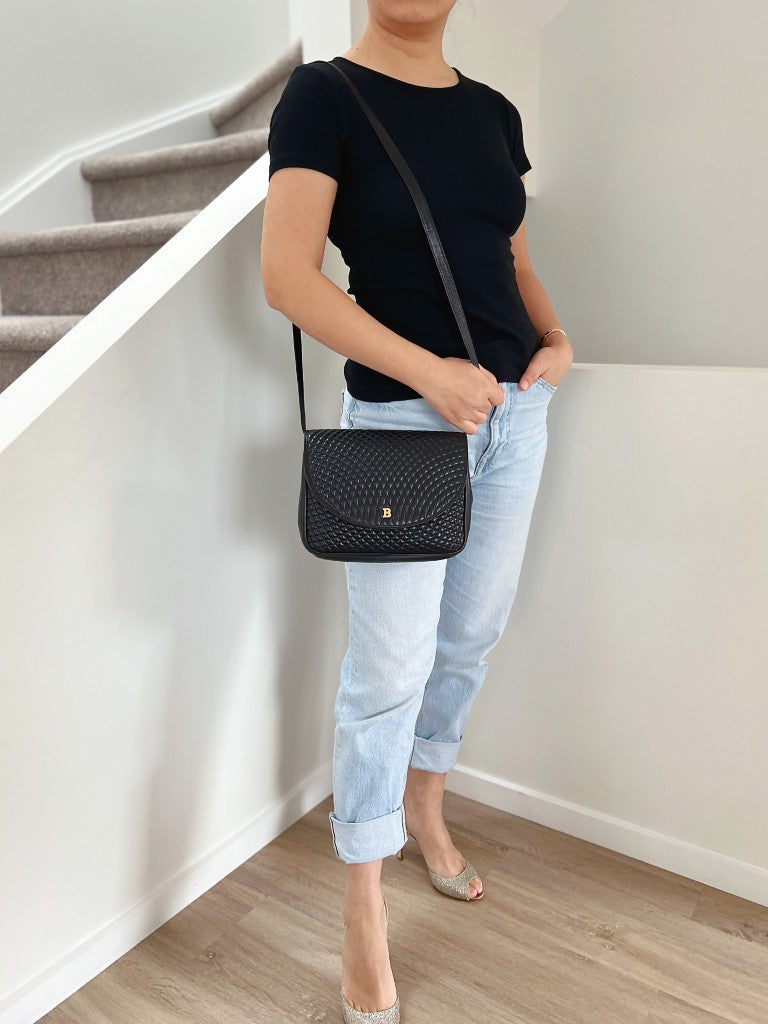 Bally Black Leather Quilited Front Logo Crossbody Shoulder Bag Excellent