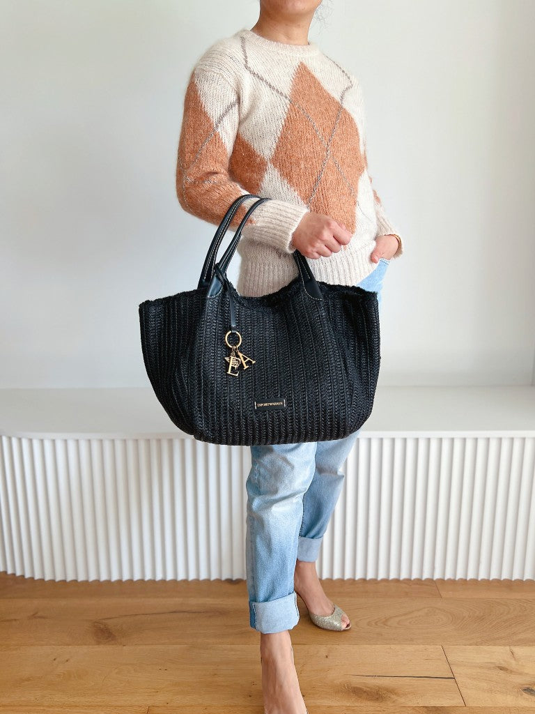 Emporio Armani Black Leather Charm Detail Straw Holiday Carryall Shoulder Bag Excellent