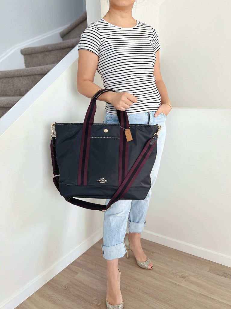 Coach Black Patchwork Stripe Detail Oversized Weekend 2 Way Shoulder Bag Like New