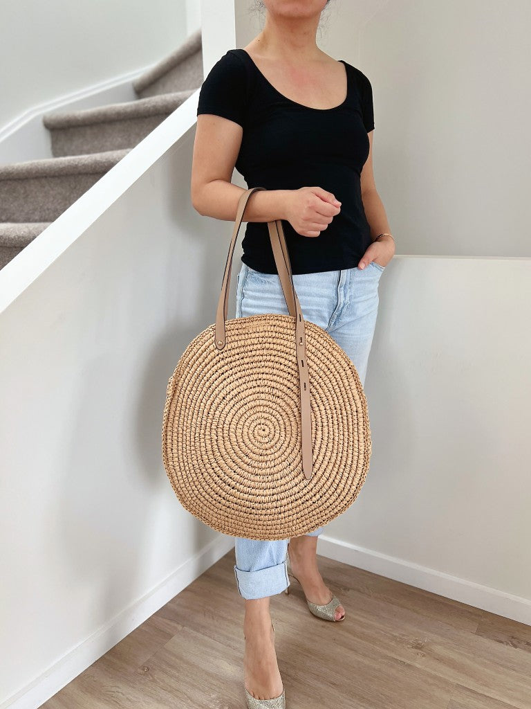 Rebecca Minkoff Mocha Leather Straw Holiday Oversized Shoulder Bag Like New