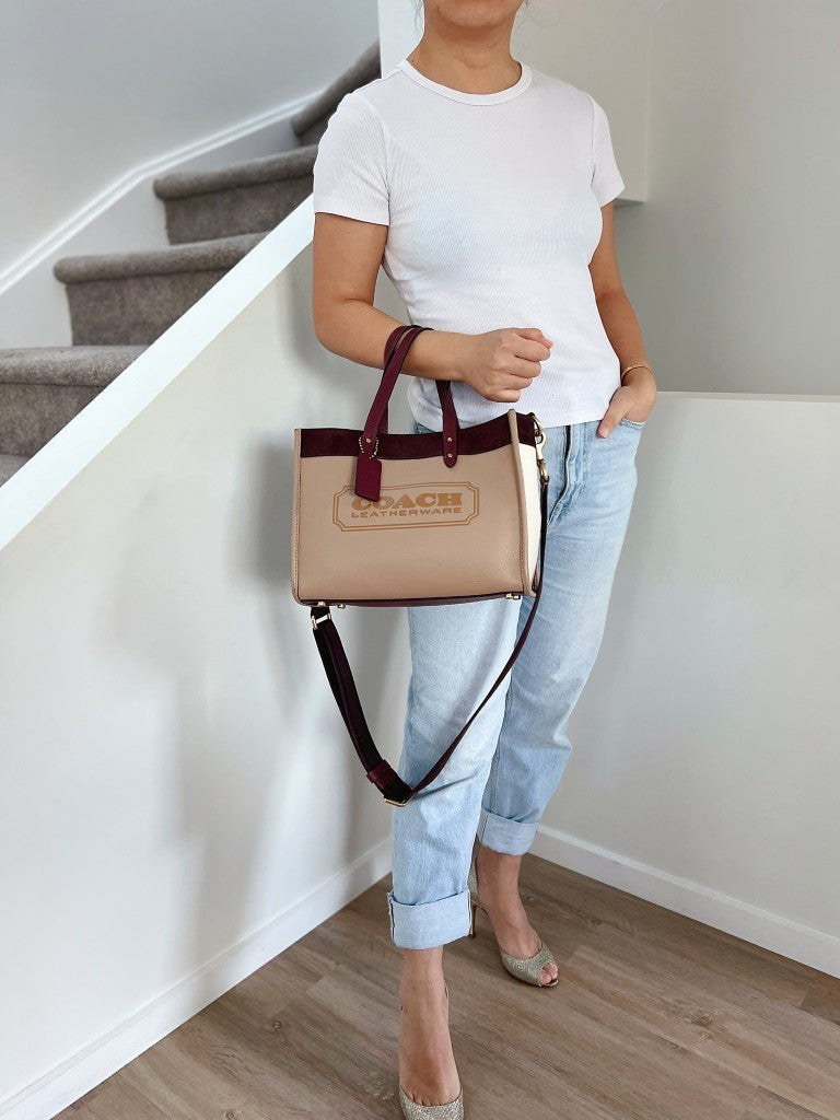 Coach Tri-Tone Leather Suede Patchwork Book Tote 2 Way Shoulder Bag Excellent
