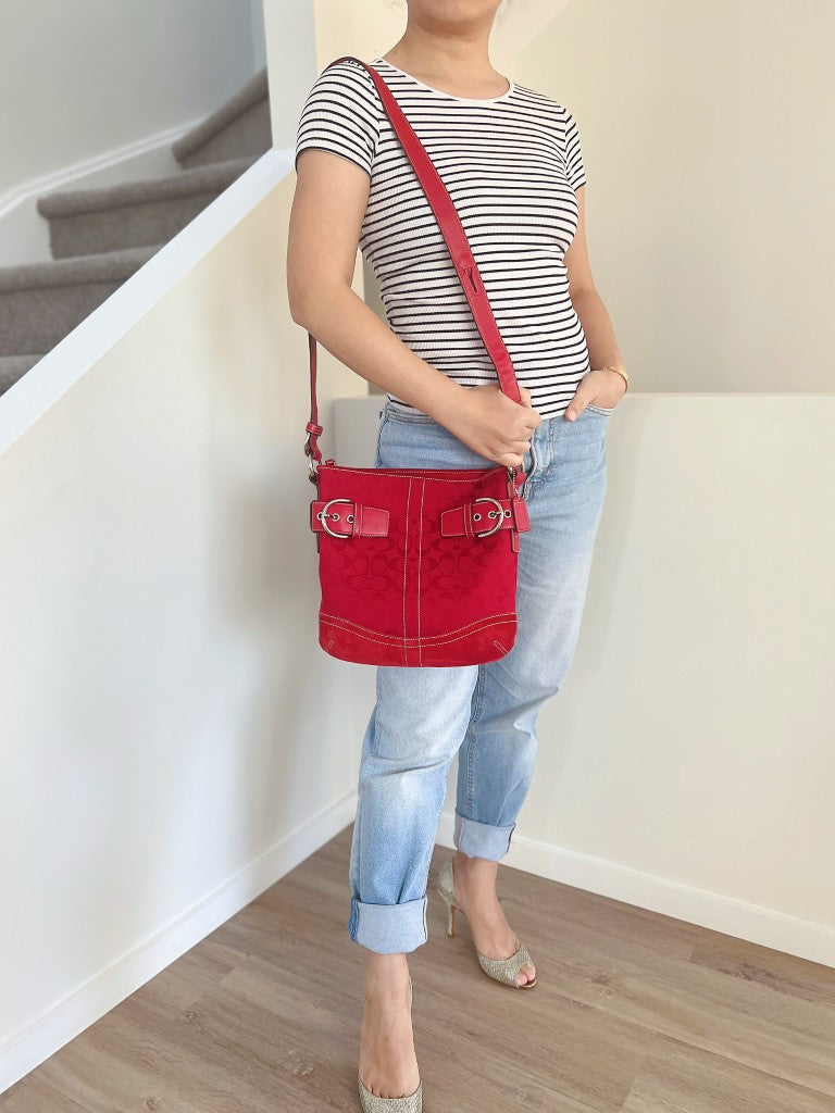 Coach Red Leather Monogram Double Buckle Crossbody Shoulder Bag Excellent