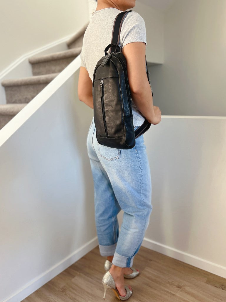 Coach Black Leather Front Zip Pocket Unisex Backpack