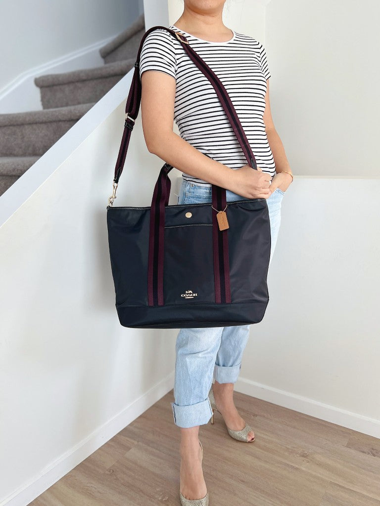 Coach Black Patchwork Stripe Detail Oversized Weekend 2 Way Shoulder Bag Like New