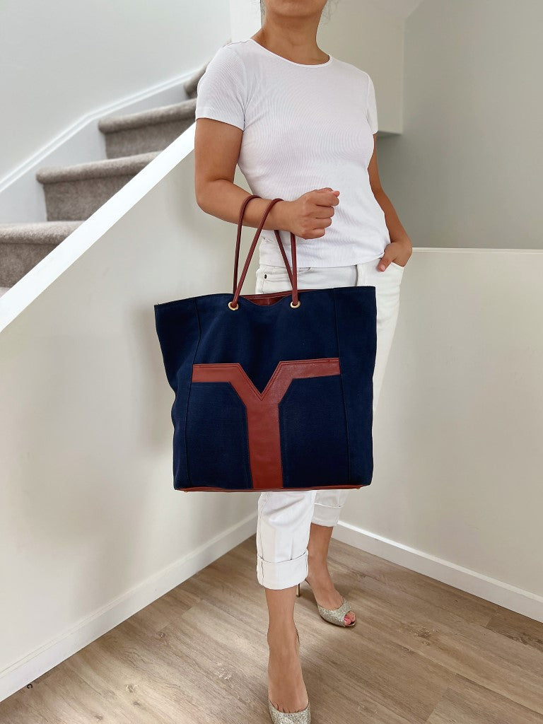 Yves Saint Laurent Two Tone Y Pattern Large Shoulder Bag