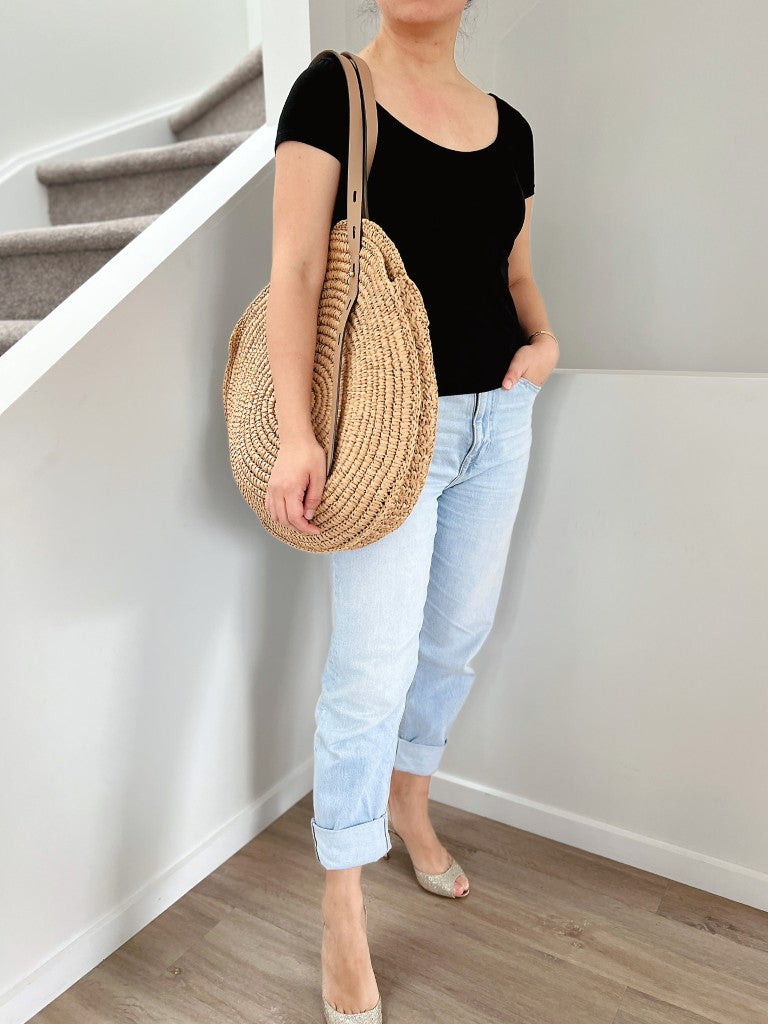 Rebecca Minkoff Mocha Leather Straw Holiday Oversized Shoulder Bag Like New