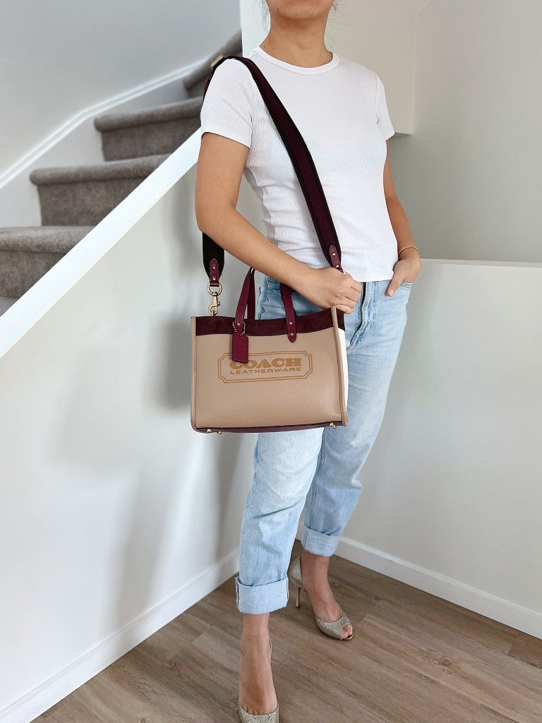Coach Tri-Tone Leather Suede Patchwork Book Tote 2 Way Shoulder Bag Excellent